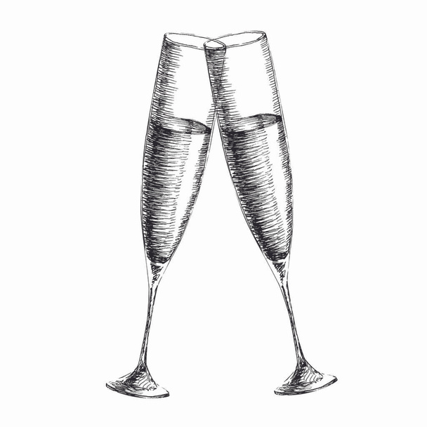 Векторный ручной рисунок черная иллюстрация двух бокалов шампанского пара любовный напиток на белом фоне - Вектор,изображение