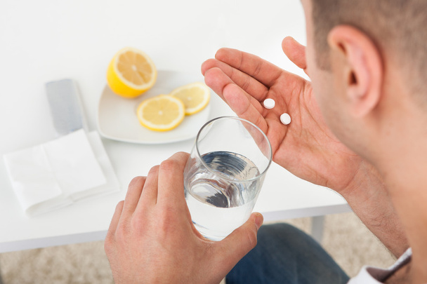 Sick Man Taking Tablets With Glass Of Water - Photo, Image