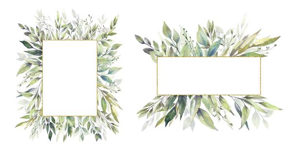 Conjunto de ilustración floral de acuarela - colección de marco de hoja verde, para papelería de boda, saludos, fondos de pantalla, moda, fondo. Eucalipto, aceituna, hojas verdes, etc.. - Foto, Imagen