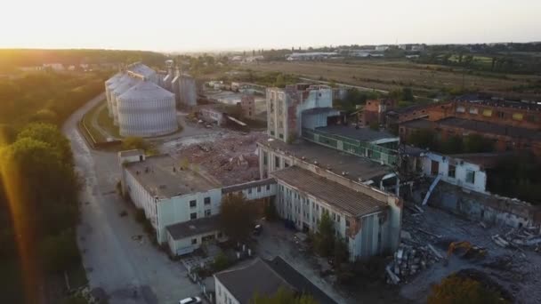 A large industrial facility was destroyed in the fighting and part of the building was demolished and smashed and debris lying around. View from a quadcopter - Footage, Video