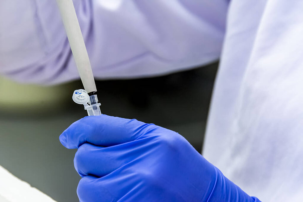 Wissenschaftler, der die Probe in die Röhre legt, während er Schutzhandschuhe trägt, um sich bei der Forschung für Covid19-Impfstoff nicht zu infizieren - Foto, Bild