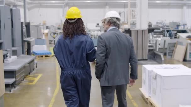 Инженер консультирует чернокожую работницу завода - Кадры, видео