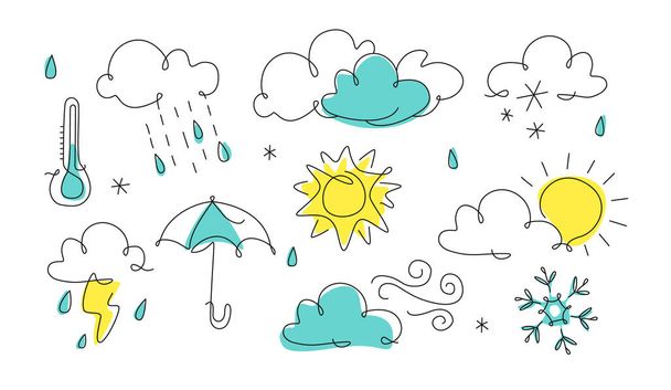 ラインアートの天気アイコン。1行スタイルの予測図、連続行。アート・アウトライン。雲、太陽、雷、雨、雪の結晶、風. - ベクター画像