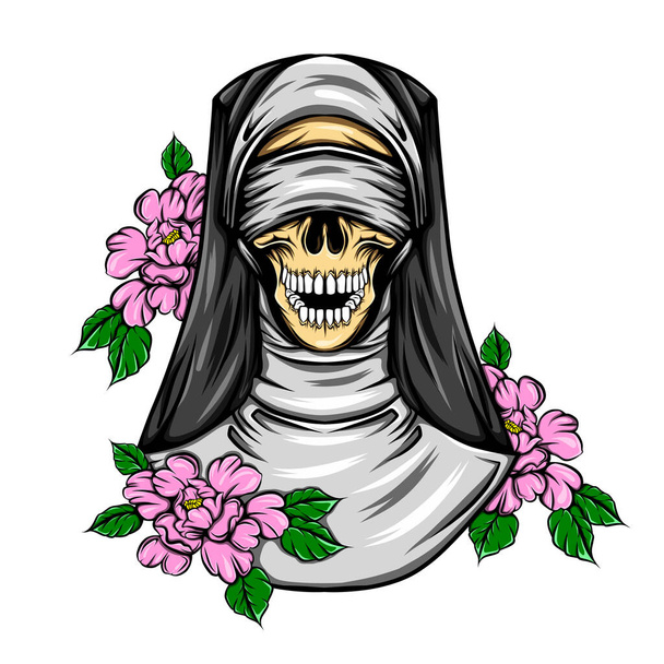 Die blinde Totenkopf-Nonne mit zufällig gefärbten Blumen für die Tattoos, die zur Illustration inspirieren - Vektor, Bild