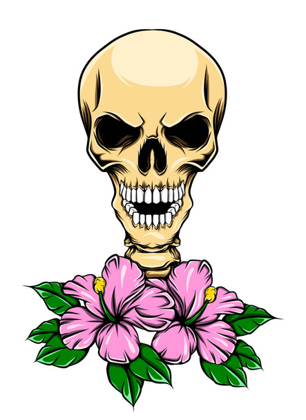 Calavera brillante con dientes y flores realistas para los tatuajes inspiración de la ilustración - Vector, Imagen
