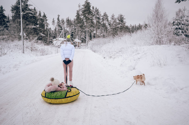Happy mother and little cute girl in pink warm outwear walking having fun rides inflatable snow tube with red shiba inu dog in snowy white cold winter forest outdoors. Family sport vacation activities - Photo, Image