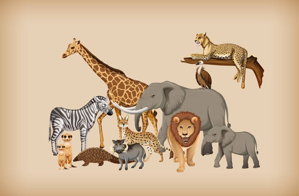 Grupa dzikich zwierząt na tle ilustracji - Wektor, obraz