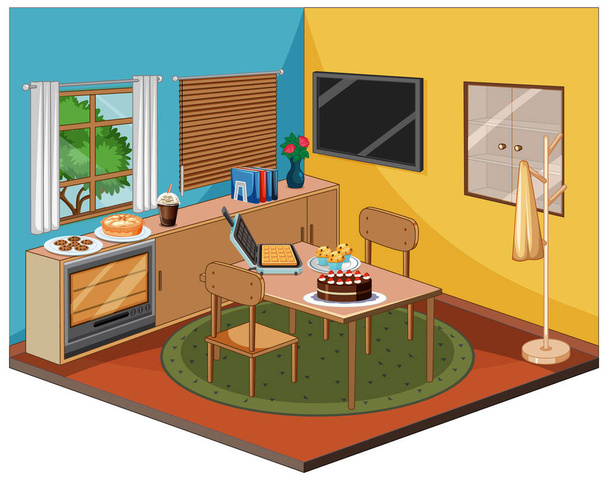 Sala de jantar interior com móveis ilustração - Vetor, Imagem