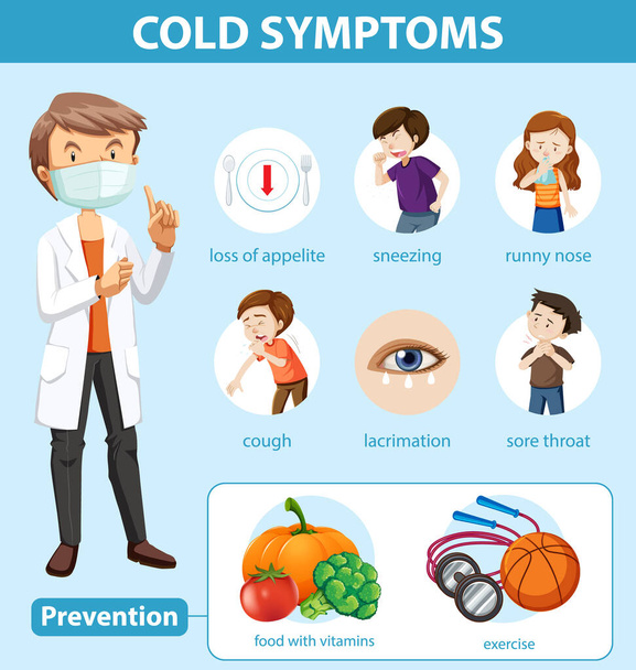 Medizinische Infografik zu Erkältungssymptomen und Prävention - Vektor, Bild