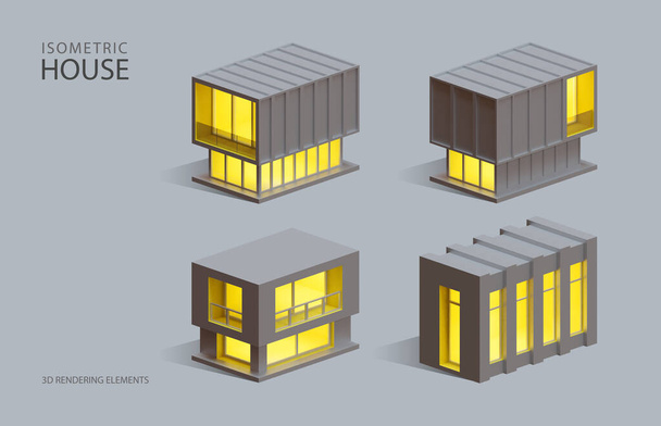 Quattro elementi isolati isometrici 3D Rendering di Box House, in illuminazione grigia e gialla all'interno. - Foto, immagini