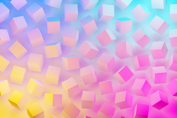 3D-Illustration von Reihen weißer Würfel unter einer blau-rosa Neonfarbe. Parallelogramm-Muster. Hintergrund der Technologie-Geometrie - Foto, Bild
