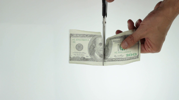 Man cutting dollar banknote - Footage, Video