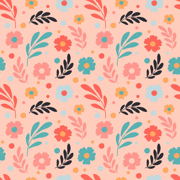 cute  vector seamless pattern with hand drawn floral ornament on a pink background. patern for printing on clothing, fabric, wrapping paper, flower background, wallpaper - Вектор,изображение