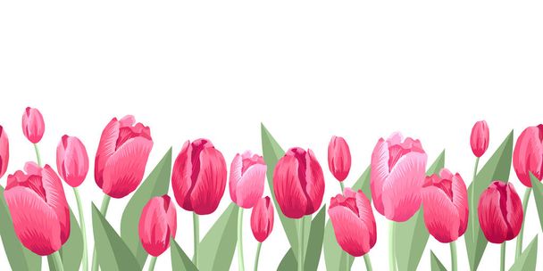 Płynna granica smaków tulipanów. Ilustracja wektora, tło, wzór, druk na papierze opakowaniowym, pocztówki, tekstylia. Kolorowe różowe tulipany z liśćmi, ramka, girlanda kwiatów - Wektor, obraz