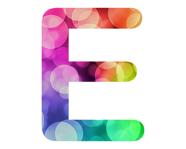 An isolated letter "E" composed of colorful bokeh lights on white background - Valokuva, kuva