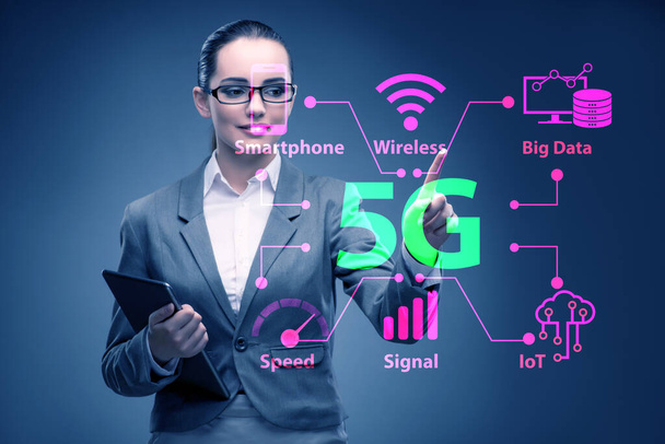 Businesswoman pressing button in 5g concept - Photo, Image