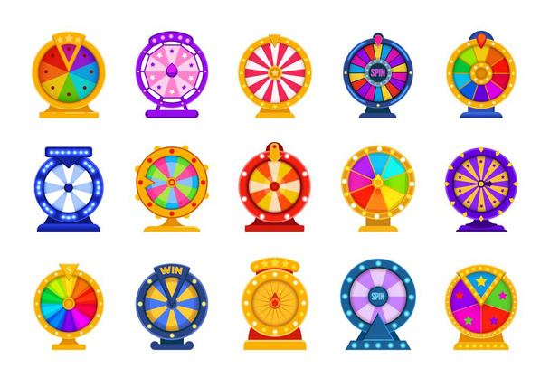 Fortune wheels. Casino equipment for raffling money prizes. Spinning circles divided into sections with arrow and flashing lights. Lottery or roulette game tools. Vector gambling set - Vector, Image