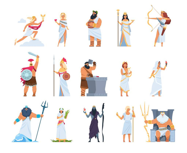 Cartoon Greek gods. Members of divine pantheon of Greece. Mythology persons in toga and golden helmet or wreath. Collection of Olympian deities, vector gorgeous legends character set - Vector, Image