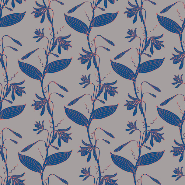 Barevné květinové bezešvé vzor s ručně kreslené modré vannilla orchidej květiny na šedém pozadí. Skladový vektor - Vektor, obrázek