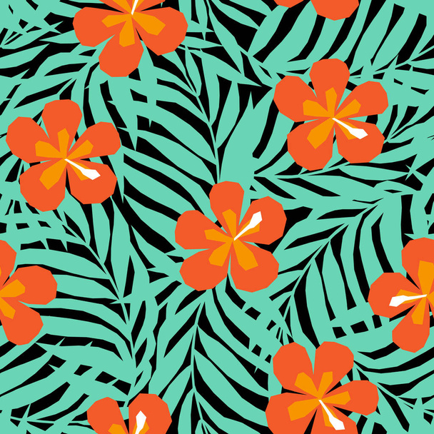 Patrón sin costura vectorial en estilo apliques con hojas de palma tropical y flores - Vector, imagen