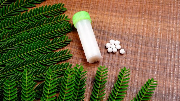 Haplardan oluşan homeopatik ilaçların ve içinde sıvı homeopatik madde bulunan bir şişenin yakın plan görüntüsü.. - Fotoğraf, Görsel
