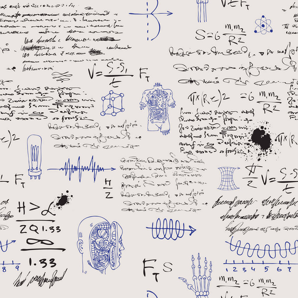 Vektorbild eines nahtlosen Texturhintergrundes im Stil von Skizzen aus dem Tagebuch eines wissenschaftlichen Erfinders mit Formeln und Notizen - Foto, Bild