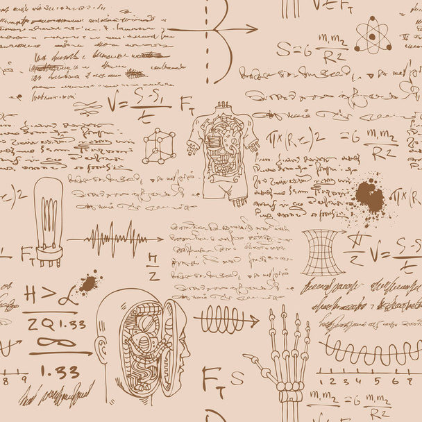 vectorbeeld van een naadloze textuur achtergrond in de stijl van schetsen uit het dagboek van een wetenschapper uitvinder met formules en notities - Foto, afbeelding