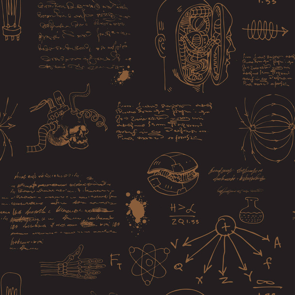 векторное изображение бесшовного текстурного фона в стиле эскизов из дневника ученого-изобретателя с формулами и примечаниями - Фото, изображение