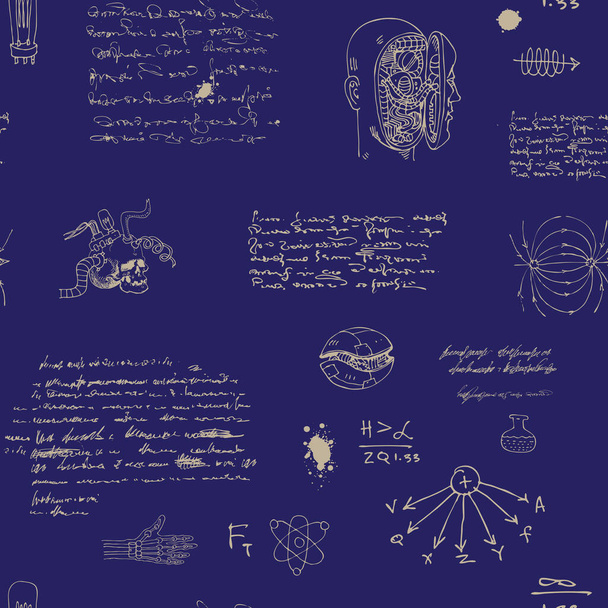 imagen vectorial de un fondo de textura sin costuras en el estilo de bocetos del diario de un inventor científico con fórmulas y notas - Foto, Imagen