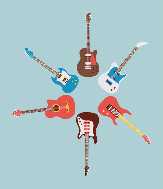 sześć gitar instrumenty musicale ustawić ikony wokół - Wektor, obraz