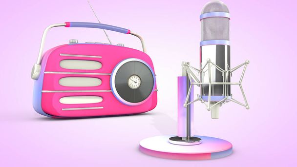 Studio microphone and retro radio. 3D rendering. - Foto, afbeelding