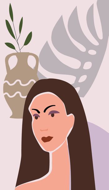 Woman portraite minimal abstract contemporary style. Female face flora leaves shapes vase silhouette background trendy modern art concept. Poster vector template social media stories, print cover - Vector, Image