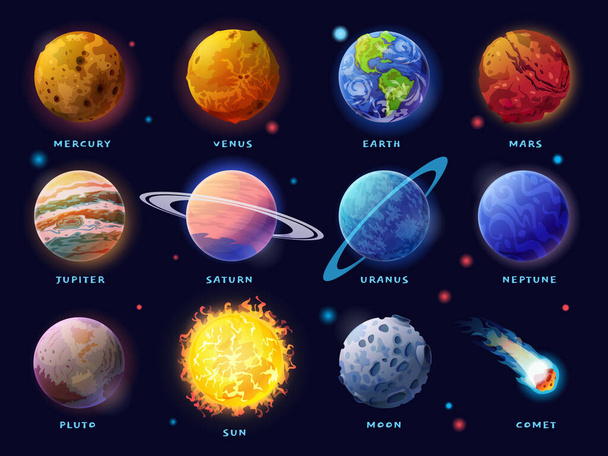 Planetas do Sistema Solar preparados. Ícone de lua, sol e cometa - Vetor, Imagem