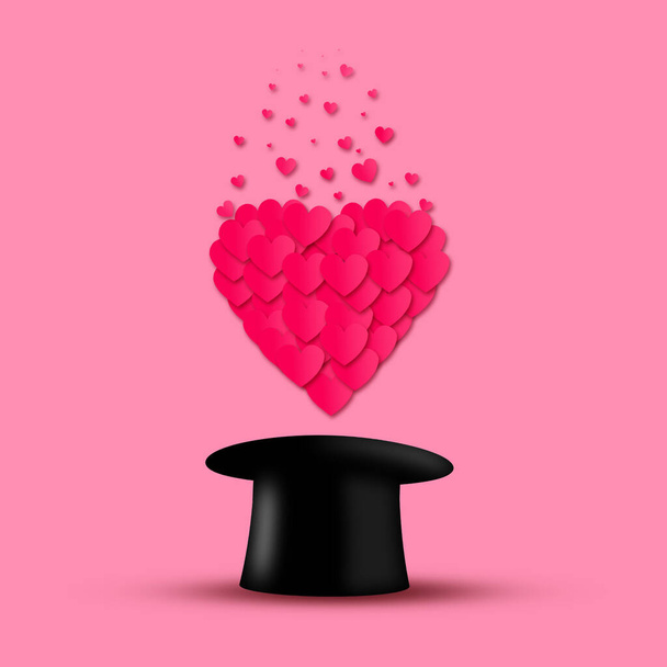 Rote Herzen fliegen aus dem Zylinder, auf rosa Hintergrund. Hintergrund zum Valentinstag. Feierlicher Hintergrund. - Foto, Bild
