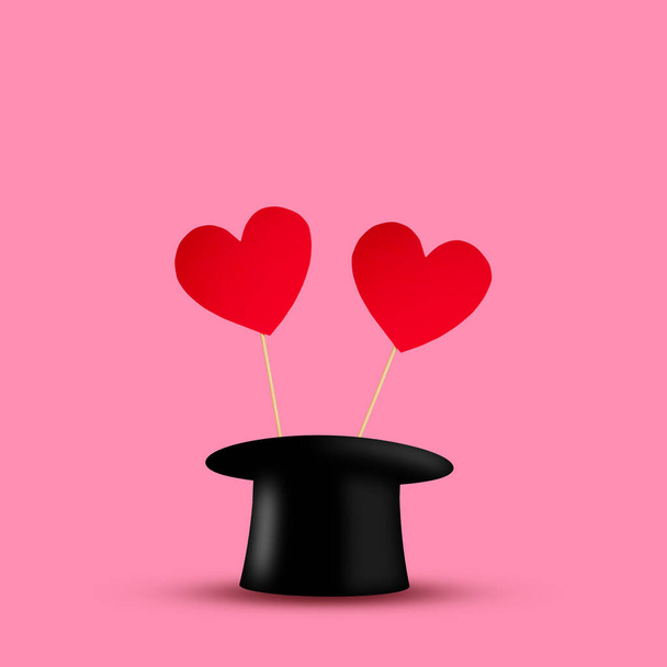 Rode hartjes op stokjes en een cilinder op een roze achtergrond. Valentijnsdag achtergrond. Feestelijke achtergrond. - Foto, afbeelding