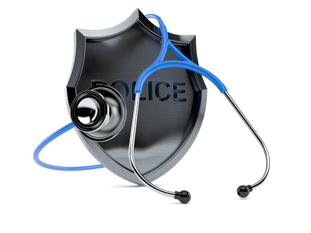 Полицейский значок со стетоскопом изолирован на белом фоне. 3d иллюстрация - Фото, изображение