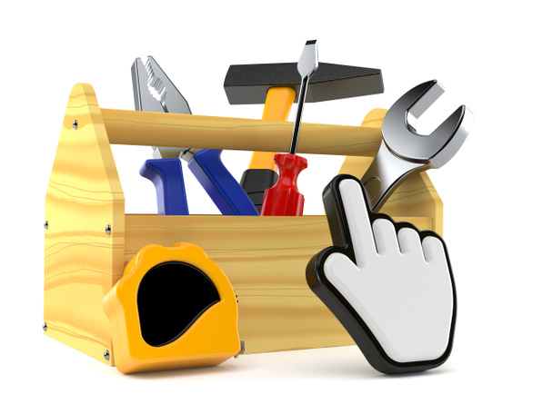 Boîte à outils avec curseur web isolé sur fond blanc. Illustration 3d - Photo, image
