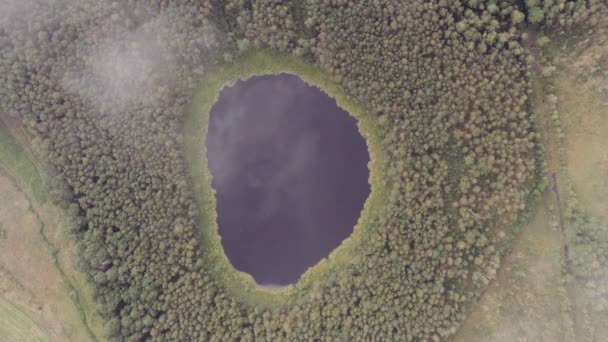 Top view aerial flight in the clouds over small lake of round shape. Moving up, clear turquoise water of pond surrounded in autumn forest. - Footage, Video