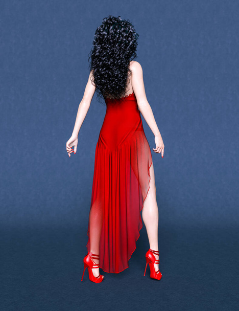 Beautiful sexy brunette woman in long evening red open dress.Summer clothes collection.Bright makeup.Woman studio photography.Conceptual fashion art.Femme fatale.3D Render. - Fotoğraf, Görsel