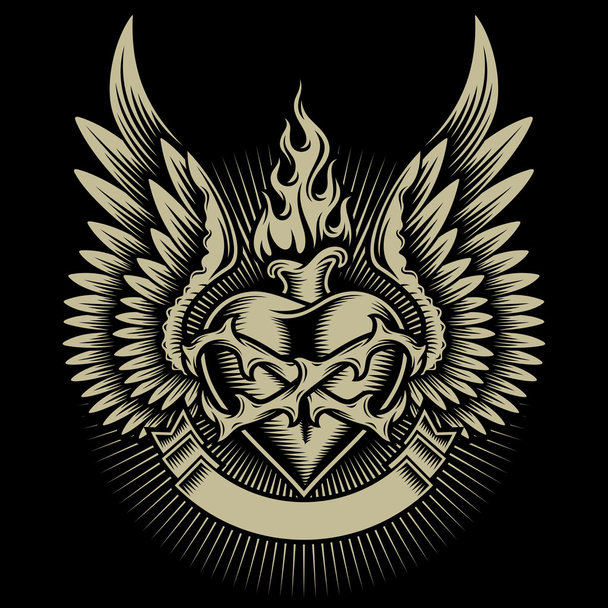 Winged Burning Heart With Thorns and Ribbon - Vector, Image