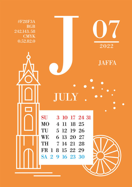 Calendario per luglio 2022. Il colore di sfondo è "Jaffa", la lettera del mese "J" è luglio. Il layout ha informazioni sul colore: nome del colore, codice colore e dati in cmyk, rgb. - Vettoriali, immagini