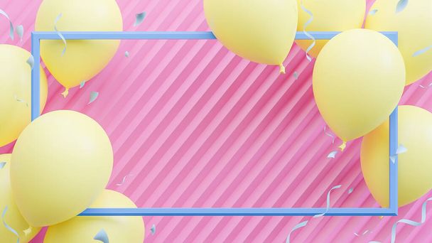 ピンクのパステルの背景に浮かぶ黄色の風船。誕生日パーティーや新年のコンセプト。3,3Dモデルとイラスト. - 写真・画像