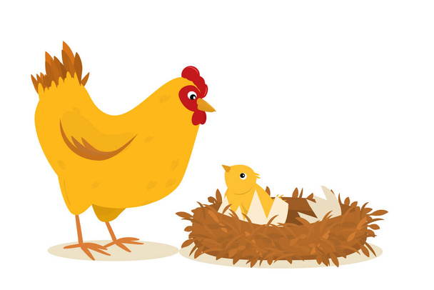  illustratie van een kip die naast een nest kippen staat - Vector, afbeelding