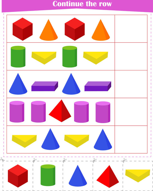 Logic game for children. Continue a series of three-dimensional geometric shapes. Vector illustration - Вектор,изображение