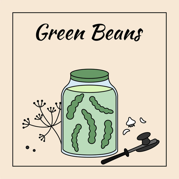 Pickled green beans in glass jar, vector illustration - Διάνυσμα, εικόνα