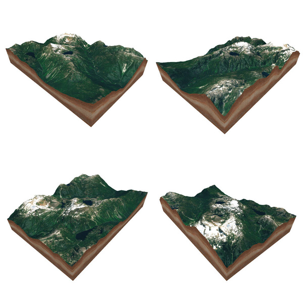 Visuele weergave van alle 4 zijden van het virtuele landschap voor infographics. Cutout 3D kaart terrein op witte achtergrond. 3D-weergave. - Foto, afbeelding