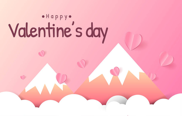 Paper cut elements in shape of heart flying on mountain pink and sweet background. landscape Vector symbols of love for Happy Valentines Day, greeting card design. - Vector, Image
