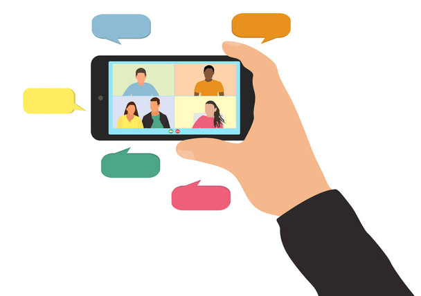 Video call with friends or colleagues at work. Hand of man holding smartphone, screen shows people with bubbles. Virtual online communication, distance conversation.  Vector illustration. - Vector, Image