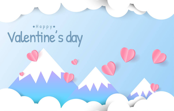 Paper cut elements in shape of heart flying on mountain  pink and sweet background. landscape with balloon Vector symbols of love for Happy Valentines Day, greeting card design. - Vector, Image