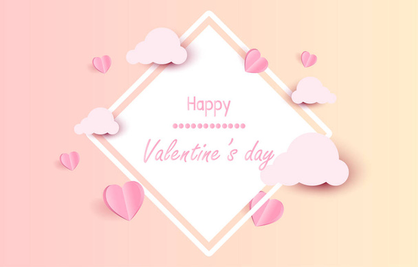 Elementos cortados en papel en forma de corazón con marco cuadrado con un saludo sobre fondo rosa y dulce. Símbolos vectoriales de amor por el Feliz Día de San Valentín, diseño de tarjetas de felicitación. - Vector, Imagen